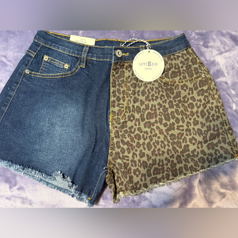 Umgee Denim Leopard Print Patchwork Cutoff Shorts Size 5 Women’s  Raw Hem